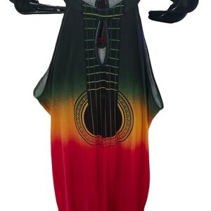 Sleeveless Ombre Guitar Print Midi Dress in Green/Yellow/Red